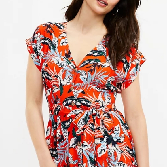 LOFT, New Red Botanical Tropical Floral V-Neck Button Tie Waist Midi Dress 4 - Picture 3 of 12